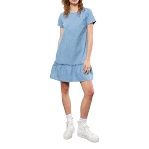 Belinda Blue Short Chambray Dress Flounce Ruffle Hem Short Sleeves Solid